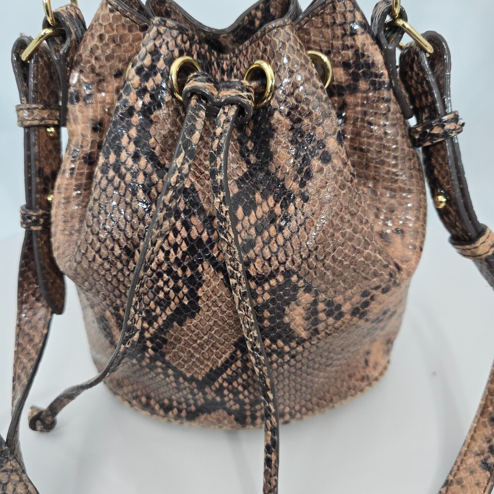 ANN TAYLOR Brown Snakeskin Leather Drawstring Shoulder/Crossbody Bucket Bag - Picture 7 of 16